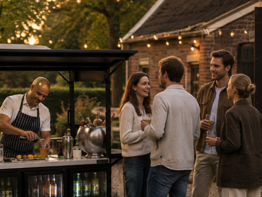 De mobiele Home-Bar tijdens een sfeervol evenement op locatie
