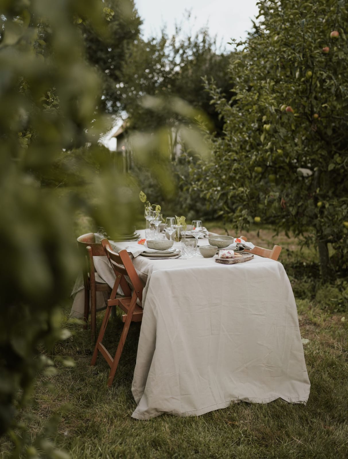 Lange gedekte tafel klaar voor een diner midden in de boomgaard