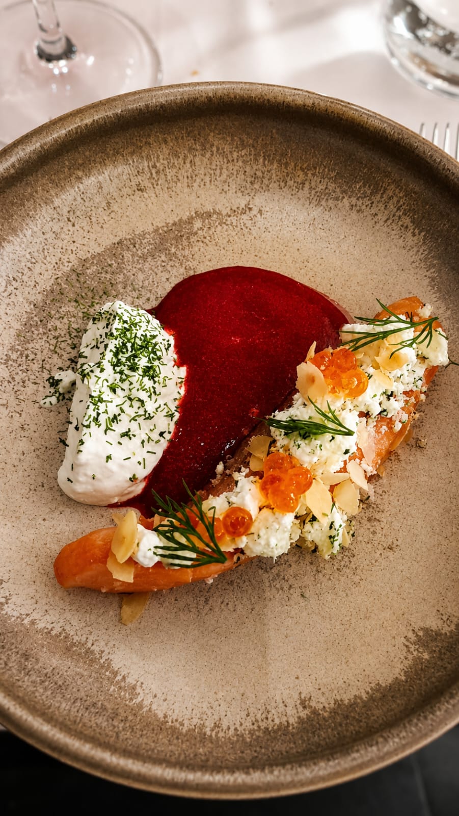 Kleurrijk opgemaakt gerecht met zalm, biet en verse kruiden