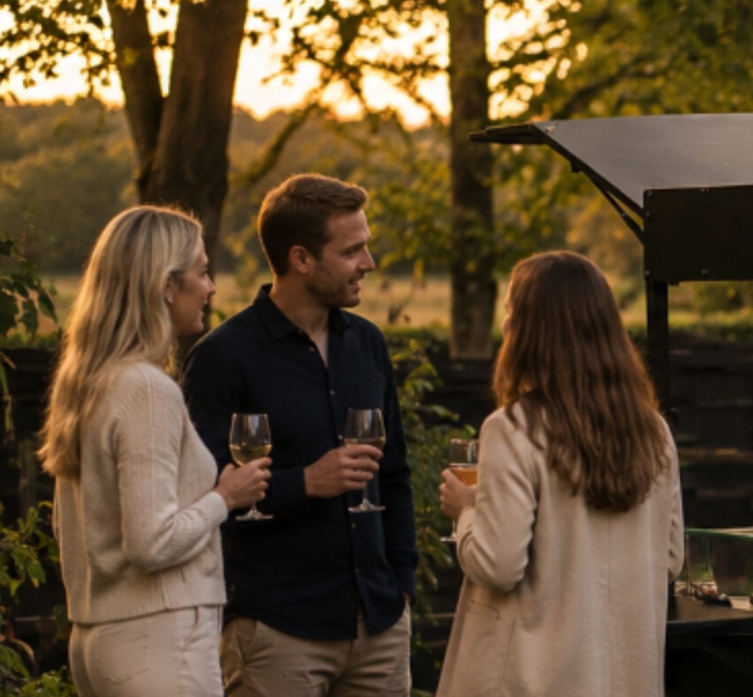 Gasten met een glas wijn bij de Home-Bar tijdens zonsondergang