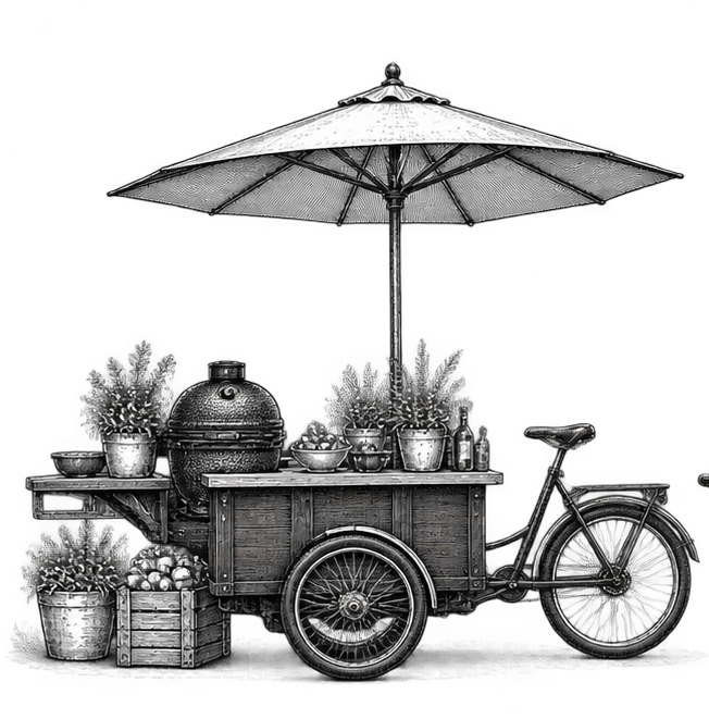 Zwart-witillustratie van de BBQ-Bakfiets met parasol en kamado