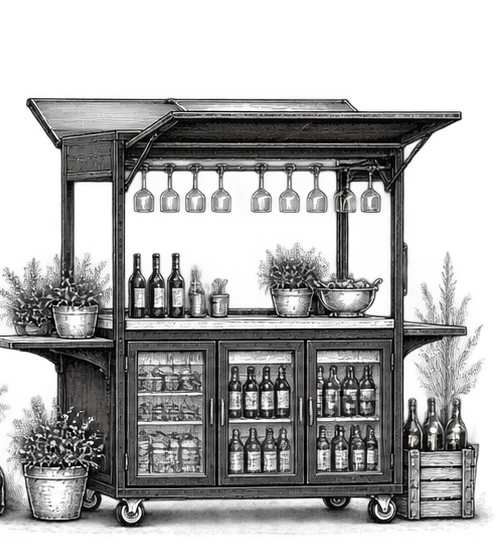 Zwart-witillustratie van de mobiele Home-Bar met glazen en flessen